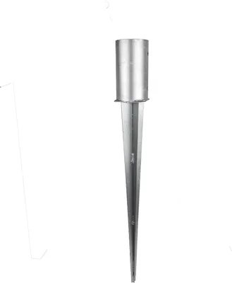 A metal ground spike for fence posts.