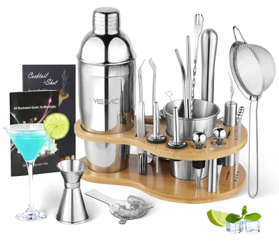Immagine prodotto di Shaker per cocktail set - Shaker da 750 ml - Acciaio inossidabile - Con supporto in legno - 22 pezzi