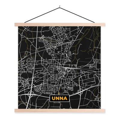 Produktbild von MuchoWow® Textilposter Schwarz und Gold - Stadtplan - Unna - Deutschland - Karte 120x120 cm mit holzfarbenen Rahmen - Textil-Poster