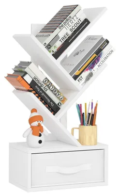 Immagine prodotto di Scaffale a 4 ripiani con cassetto, bianco, in legno, ideale come organizer per la scrivania