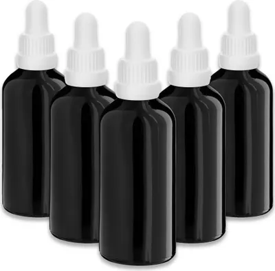 Produktbild von 5x Glasflasche schwarz 100 ml mit weißer Pipette Tropfflaschen Kosmetik