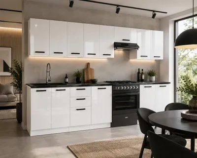Produktbild von ULWEHOME | Küchenzeile 320 cm Weiß Hochglanz, Küchenmöbel-Set mit Spülenschrank, 3-Schubladen-Unterschrank & geteilten Arbeitsplatten 180 cm, KI-generiertes Bild