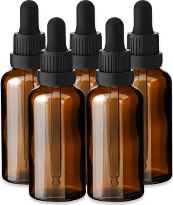 Produktbild von 5x Glasflasche braun 50 ml mit schwarzer Pipette Tropfflasche leer Set