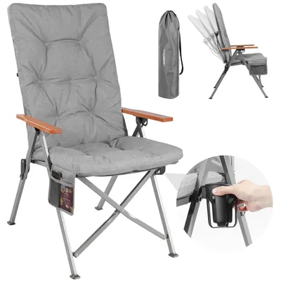 Produktbild von Campingstuhl klappbar mit Holzarmlehnen extra hoch – gepolsterter Outdoor-Klappstuhl, 4-fach verstellbar, bis 150 kg belastbar, Hellgrau