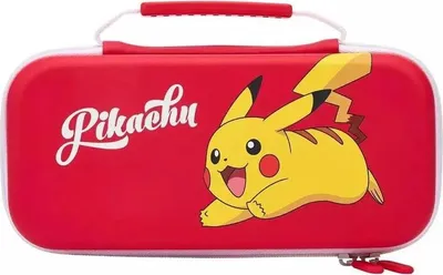 A red Nintendo Switch carrying case with a Pikachu design.