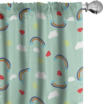 Obrázok produktu pre ABAKUHAUS Detské závesy, záclony, dúhová obloha s oblakmi, srdcami a motívom Sun Love Detská detská izba Téma, 2 kusy 75 x 245 cm, mätovo zelená viacfarebná