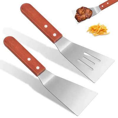 Produktbild von Pfannenwender aus Edelstahl mit Holzgriff - Hitzebeständiger Grillspachtel - Zum Grillen, Braten und für Teppanyaki - 2 Stück