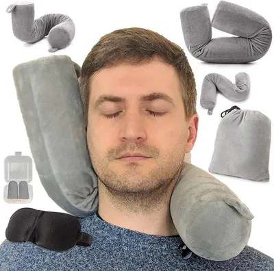 Zdjęcie produktu dla Unyqoos® Ergonomiczna poduszka pod głowę – regulowana, elastyczna poduszka podróżna z pianką memory, zdejmowanym pokrowcem z mikrofibry, składana, w zestawie maska na oczy i zatyczki do uszu