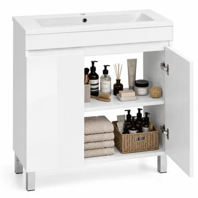 Produktbild von Waschbecken mit Unterschrank Valencia 80 cm, stehend, Badmöbel Set mit Wäschekorb, Soft-Close, Weiß Hochglanz, Waschtisch für Badezimmer
