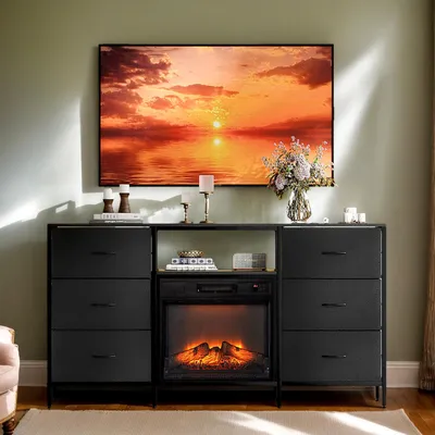 Image de LEADZM, meuble TV, meuble bas avec effet de flamme de cheminée électrique, 147×30×79,4 cm, 6 tiroirs et 1 étagère, éclairage RGB, MDF, télécommande, idéal pour le salon, couleur noire