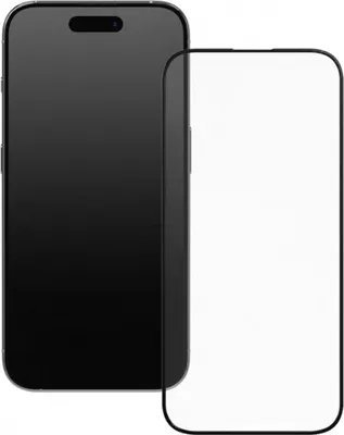 A black smartphone is shown next to a transparent screen protector.