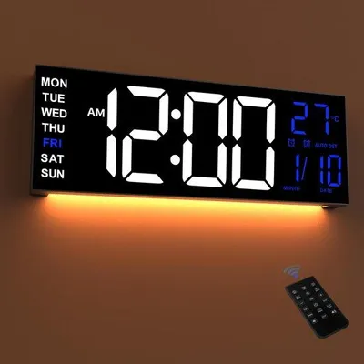 Obrázek produktu pro Digitální LED nástěnné hodiny 16,5 palce, 8 barev RGB, zobrazení teploty, noční režim, budík, dálkové ovládání, 12/24hodinový budík do obývacího pokoje, ložnice a kanceláře