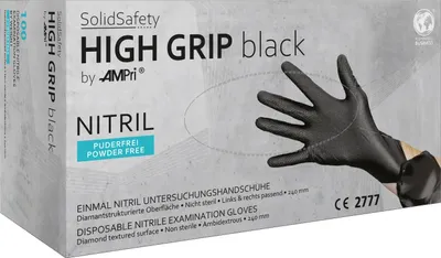 Produktbild von SolidSafety High Grip Black, Nitril-Chemikalienschutzhandschuh, puderfrei, schwarz, Gr. L | Box (100 Stück)