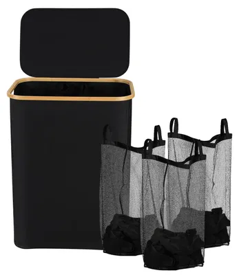 Produktbild von Ikodm 160L Wäschekorb mit Deckel faltbar Oxford Wäschebox Schwarz 57x37x75 cm, 3 Wäschesäcke