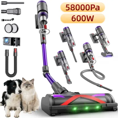 Obrázek produktu pro Bezdrátový akumulátorový vysavač s tlakem 58 kPa a mini turbo kartáčem na roztoče – výdrž 75 minut, 1 m výsuvná hadice, 6stupňová HEPA filtrace, dotykový LED displej, volně stojící, tichý ≤62 dB, 1,6 l nádoba na prach