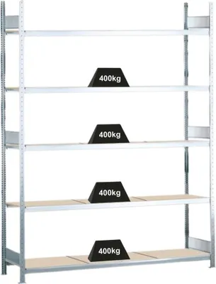 Produktbild von Schulte Weitspannregal mit Spanplatten WS 2000 | Grundregal | HxBxT 300x250x60cm | 5 Ebenen | Fachlast 400kg | Verzinkt