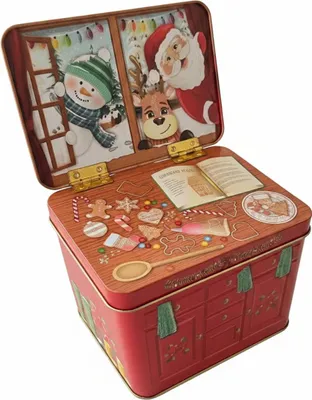 Produktbild von Weihnachtsdose mit Santa, Schneemann & Rentier Blechdose in Backofen-Optik, klappbarer Scharnierdeckel, Innenmotiv, ideal für Plätzchen, Kekse & Geschenke, 14 cm x 11 cm x 10 cm