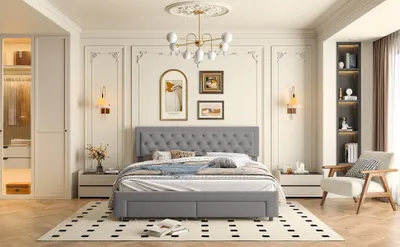 Image de Lit Double Capitonné 160x200 Cm Avec Rangement Et Sommier à Lattes, Traité Antitache, Velours, Gris