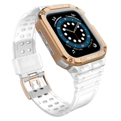 Zdjęcie produktu dla Protect Strap Band opaska z etui do Apple Watch 9 / 8 / 7 / 6 / 5 / 4 / 3 / 2 / SE / SE2 (41 / 40 / 38mm) obudowa pancerny pokrowiec na zegarek przezroczysty / różowe złoto