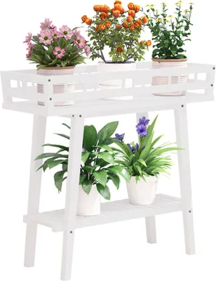 Produktbild von WISFOR Blumenständer mit 2 Ablagen, Holz Blumenhocker Blumentisch Blumensäule Bücherregal, Telefontisch