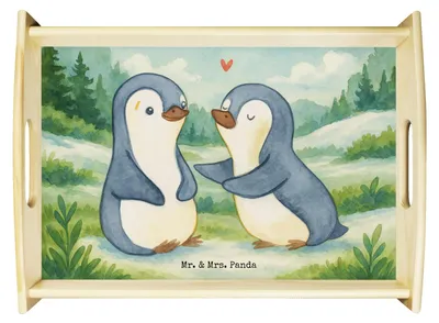 Produktbild von Mr. & Mrs. Panda Servier Tablett Pinguine trösten Design - Weiß - Geschenk, Bett-Tablett, Hochzeitstag, Serviertablett, für Frauen, Partner, bett, Freund, Liebe, Deko