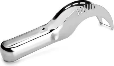 A stainless steel melon slicer is shown against a white background.