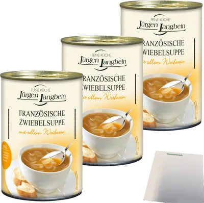 Produktbild von Jürgen Langbein Französische Zwiebelsuppe mit edlem Weißwein 3er Pack (3x400ml Dose) + usy Block