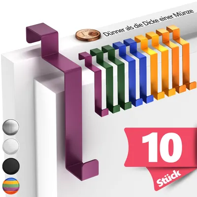 Produktbild von Lindenstein Türhaken Innenseite aus Edelstahl, 10er Set, Bunt - Flexible Türhaken zum Einhängen, robuste Kleiderhaken für die Tür, Türgarderobe