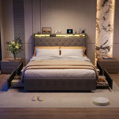 Obrázok produktu pre INONEFT čalúnená posteľ 140x200 cm s LED osvetlením a USB portami, posteľ s 4 zásuvkami, dvojlôžko s roštom, posteľ s úložným priestorom, posteľ pre mládež, zamat, sivá farba