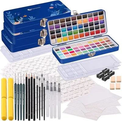 Imagen del producto de Pinturas de acuarela para artistas: 4 sets de pinturas de acuarela, cada uno con 100 colores, en estuche metálico, con 3 pinceles y papel (estuches de pintura, pintura para acuarela)