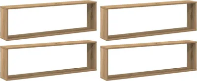 Four identical wooden cube shelves arranged in a 2x2 grid against a white background.