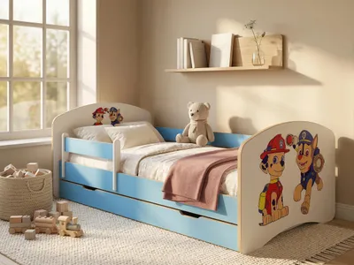 Produktbild von Happy Babies Kinderbett mit Rausfallschutz Junge 140x70 Bett für Kinderzimmer mit Schublade Matratze Einzelbett für Kinder Blau Hundemotiv