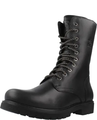 A single black leather boot on a white background.