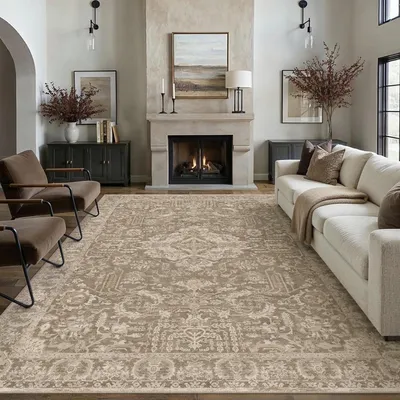 Image de Tapis pour salon, dimensions 200x300 cm, style vintage, couleur taupe, lavable, forme rectangulaire, en microfibre
