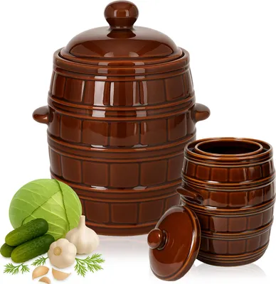 Zdjęcie produktu dla SuperButelki - Beczka kamionkowa 5l pojemnik garnek z kołnierzem ceramiczny kamionka brązowa 5000ml na ogórki, z ceramiczną pokrywką fermentacyjny