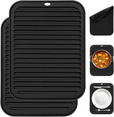 Produktbild von Abtropfmatte Geschirr 2 Stück, 30×23 cm Topfuntersetzer Silikon mit Wasserablauf und Tischwärmeisolierung, Hitzebeständige Matte bis 220°C, rutschfest Hitzeschutzmatte Topflappen für Küche