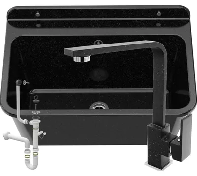Produktbild von Granitan | Wirtschaftsspüle - LARGE - mit schwarzer Armatur - mit Siphon - Schwarz - 61 x 41 cm - für Waschküche und Garage