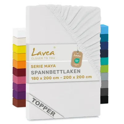 Zdjęcie produktu dla Lavea® Prześcieradło na materac z dodatkową warstwą, 180x200 cm - 200x200 cm, Maya, 100% bawełna dżersej – Miękkie prześcieradło na materac z dodatkową warstwą, do 10 cm – Białe