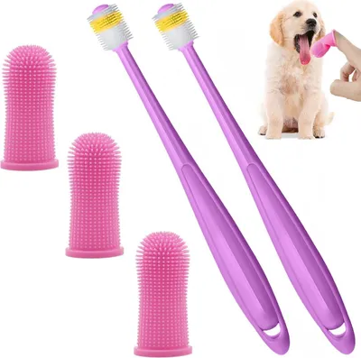 Produktbild von 360 Grad Silikon-Zahnbürste - einfache Reinigung von Hunde- und Katzentanden - Welpen und kleine Haustiere - 5 Stück (rosa) Fingerzahnbürste Hund