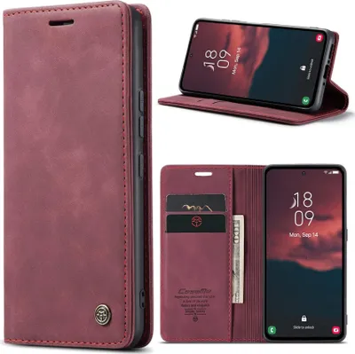 A collage of images showing a red flip phone case with card slots and a phone inside.