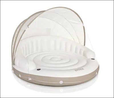 An inflatable floating lounger with a canopy.