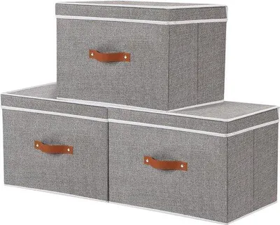 Immagine prodotto di Scatole in tessuto grigio con coperchio e manici, 33x23x20 cm, confezione da 3