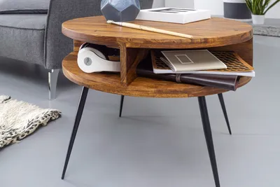 Produktbild von FineBuy Couchtisch Sheesham Massivholz / Metall 60x45x60 cm Tisch Wohnzimmer Design Beistelltisch mit Ablage Kleiner Wohnzimmertisch Rund Braun
