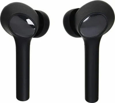 A pair of black wireless earbuds against a white background.