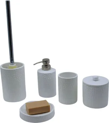 Produktbild von 5tlg Set WC-Bürste Seifenspender Kosmetikdose Zahnbürstenhalter Seifenschale Kroko Weiß