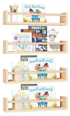 Image de Étagères pour livres d'enfants, étagères murales suspendues en bois, lot de 4, chambre d'enfant, bibliothèques, fixation murale, étagères de présentation pour la maison, chambre à coucher, chambre d'enfant et cuisine