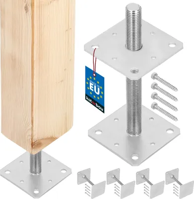 Produktbild von KOTARBAU® 4er Set Pfostenträger 160 mm x 160 mm x 250 mm Gewinde M24 mm Verzinkt Stützenfuß Höhenverstellbar Bodenfuß Betonfuß Zum Aufschrauben Regulierbar