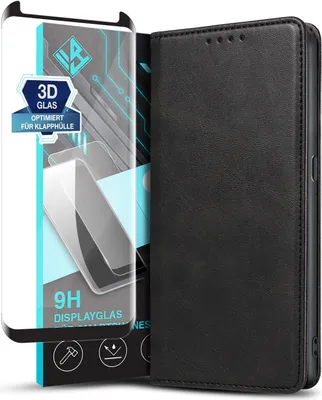 Produktbild von Handyhülle für Samsung Galaxy S9 mit 9H Displayglas Kunstleder Flip Cover Hülle Handytasche Case Kartenfach Farbe: Schwarz