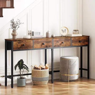 Immagine prodotto di Tavolino consolle stretto, 160 cm, con 4 cassetti, colore vintage marrone-nero, dimensioni 160 x 24 x 80 cm