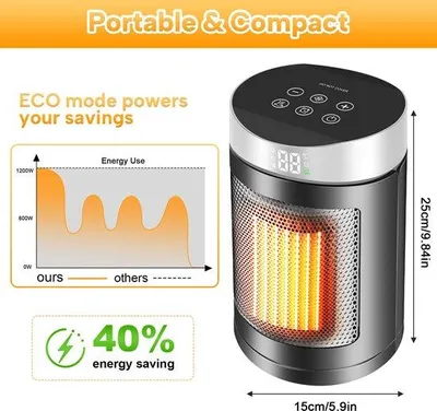 Image de Radiateur électrique en céramique de 1 500 W avec thermostat et télécommande, oscillation à 90°, minuterie de 12 heures, 5 niveaux de chaleur, chauffage rapide, portable, pour la chambre, le bureau et la maison.
